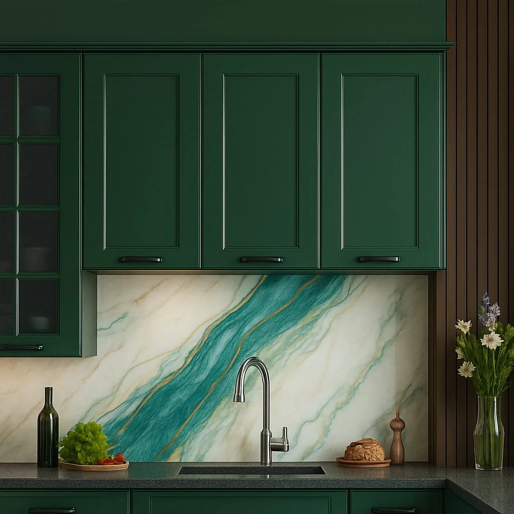 Elegant Green Kitchen Cabinets with Aqua Marble Backsplash